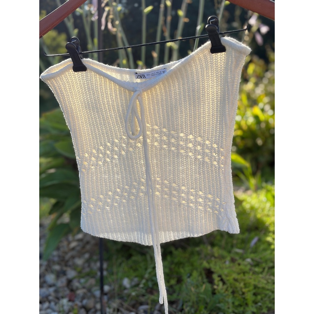 Zara Women Cream Pointelle Knit Halter Top Sleeveless Tie Neck Small